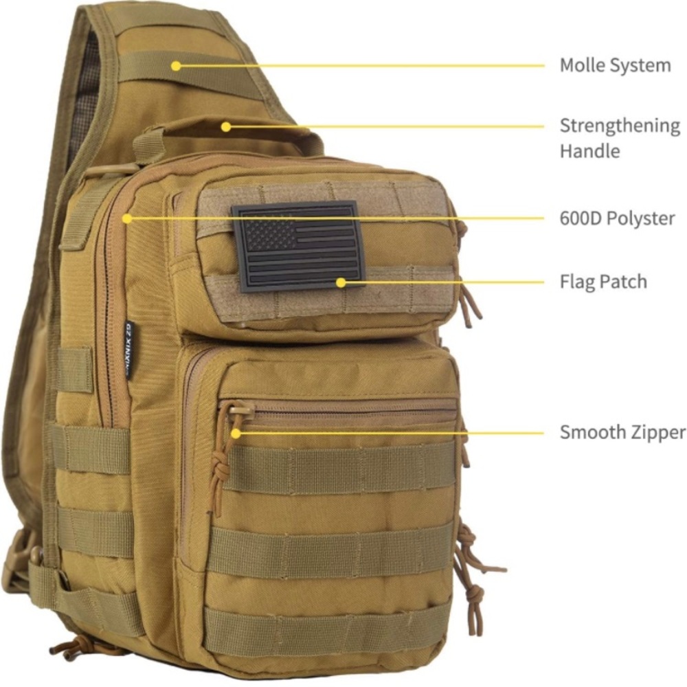 Tan one shoulder bag with multiple pockets